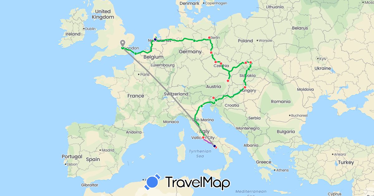 TravelMap itinerary: driving, bus, plane, cycling, train, hiking, boat in Austria, Czech Republic, Germany, France, United Kingdom, Hungary, Italy, Netherlands, Poland, Slovenia, Slovakia (Europe)