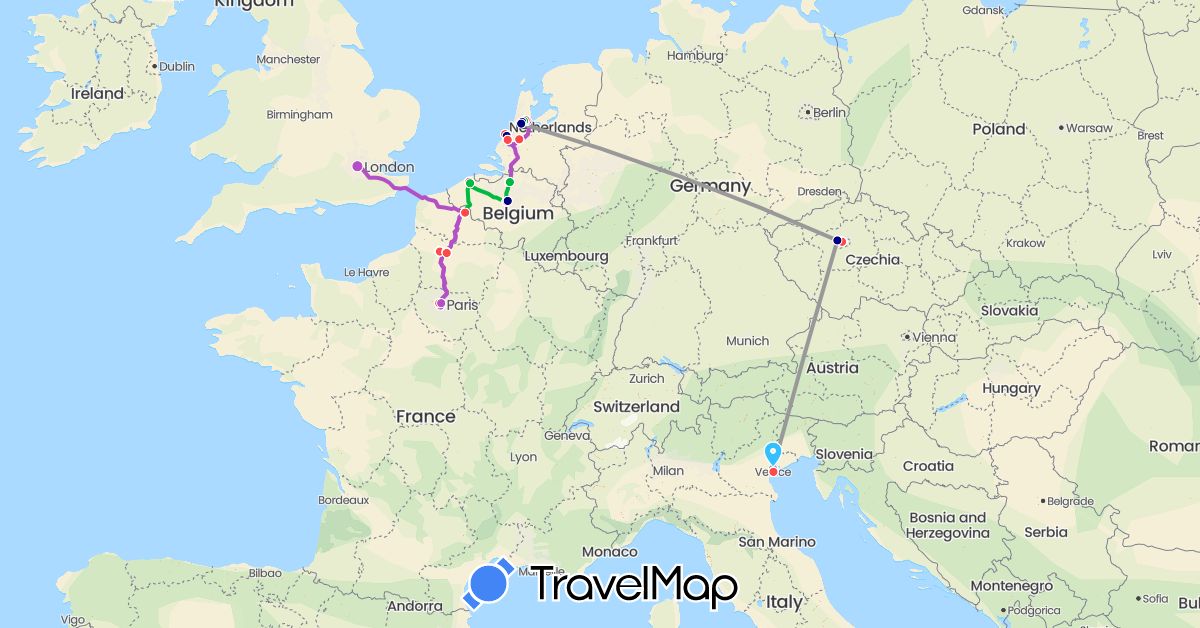 TravelMap itinerary: driving, bus, plane, train, hiking, boat in Belgium, Czech Republic, France, United Kingdom, Italy, Netherlands (Europe)