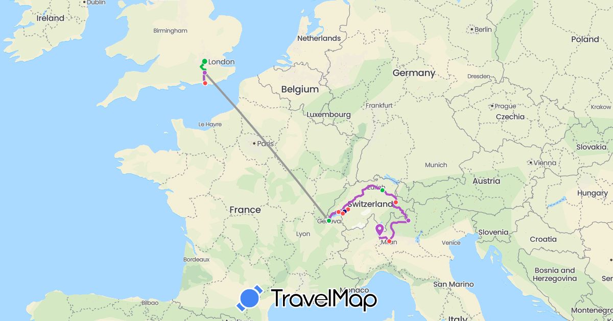 TravelMap itinerary: driving, bus, plane, train, hiking in Switzerland, United Kingdom, Italy (Europe)