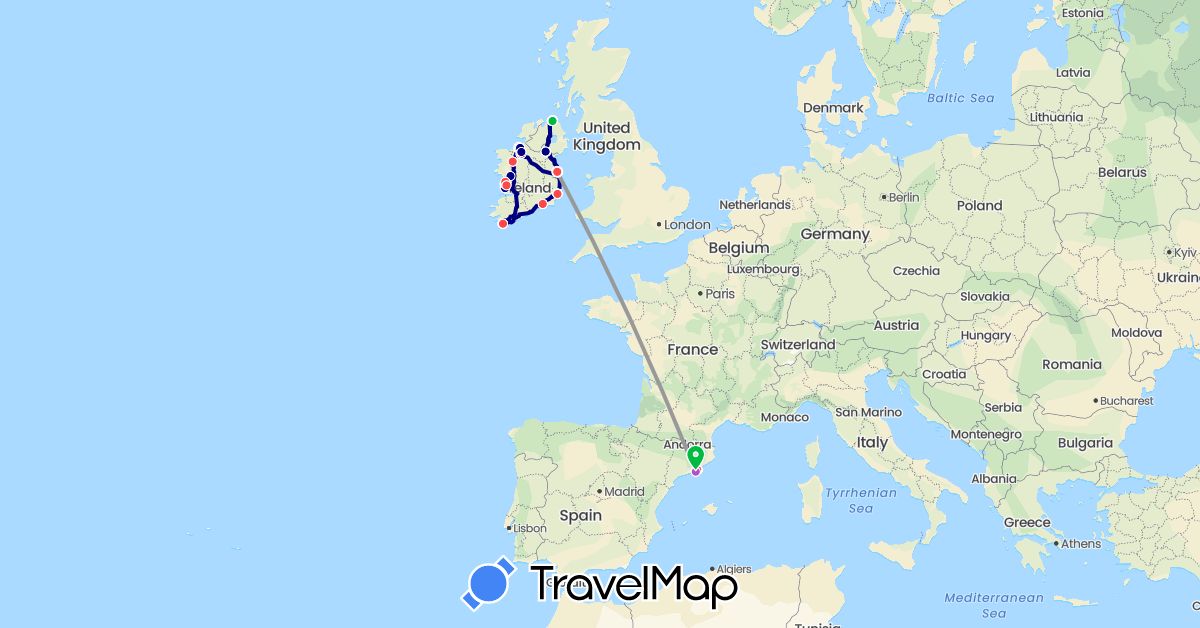 TravelMap itinerary: driving, bus, plane, train, hiking in Spain, United Kingdom, Ireland (Europe)