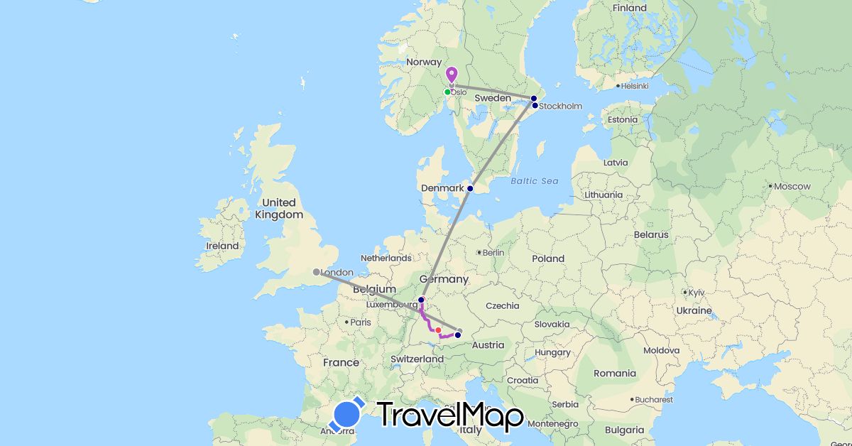 TravelMap itinerary: driving, bus, plane, cycling, train, hiking in Germany, Denmark, United Kingdom, Norway, Sweden (Europe)